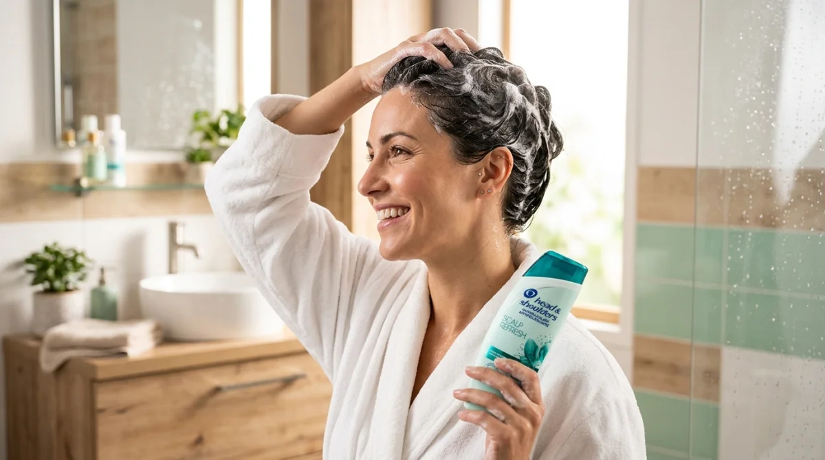 Meilleurs shampooings anti pelliculaire : personne souriante appliquant un produit dans une salle de bain moderne et lumineuse.