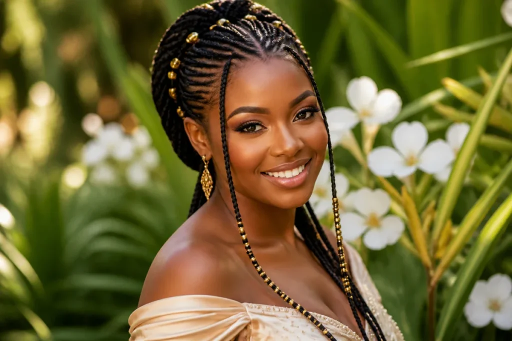 Mariée rayonnante arborant une élégante coiffure afro de mariée avec tresses Fulani ornées de perles dorées en jardin tropical.