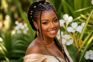 Mariée rayonnante arborant une élégante coiffure afro de mariée avec tresses Fulani ornées de perles dorées en jardin tropical.