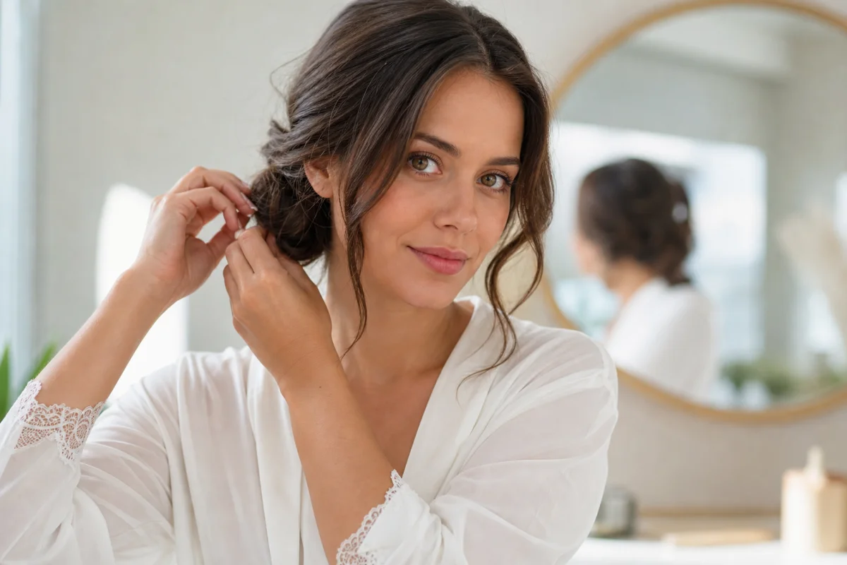 Femme réalisant un chignon bas élégant et légèrement décoiffé pour illustrer comment faire un chignon facilement.