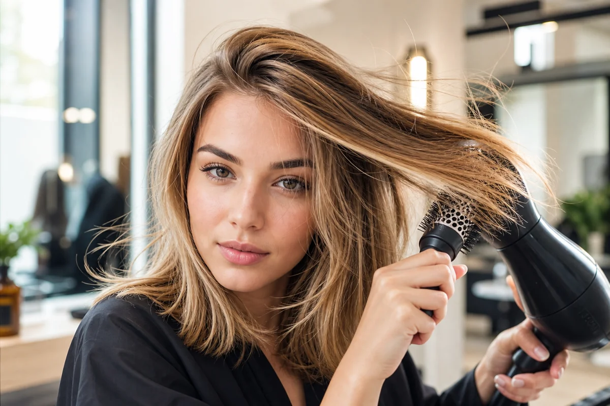 Jeune femme blonde utilisant une brosse ronde pour donner du volume à ses cheveux fins en salon.
