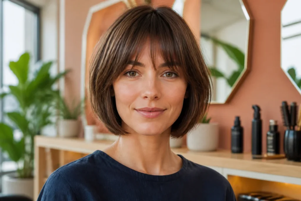 Femme au visage ovale portant un carré moderne, illustrant comment savoir quelle coupe de cheveux nous va.