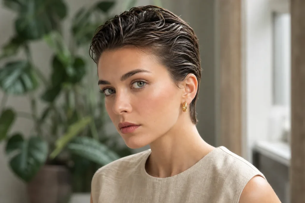Jeune femme avec une coupe courte pixie effet mouillé chic pour apprendre comment coiffer des cheveux courts.