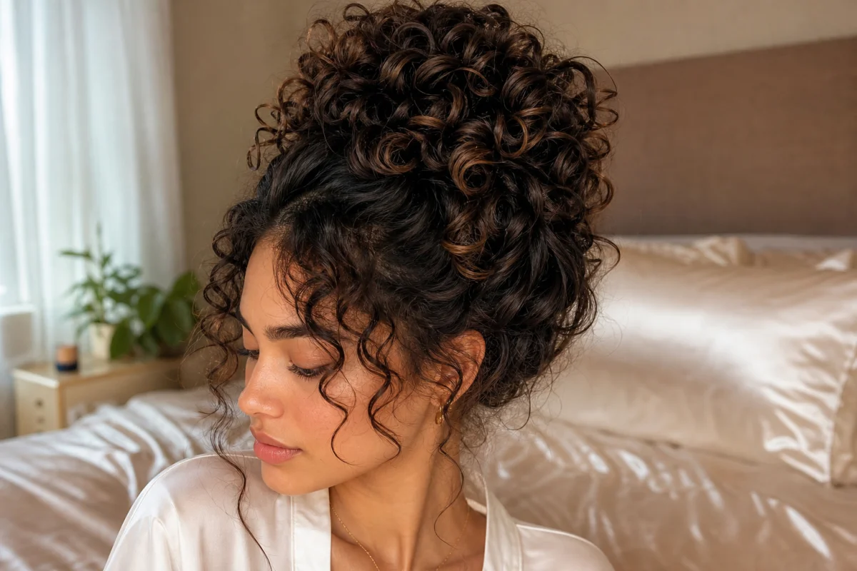 Jeune femme aux cheveux bouclés coiffés en chignon haut pour dormir sur un oreiller en soie.