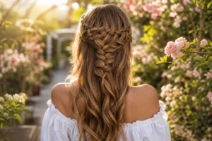 Jeune femme de dos montrant comment coiffer des cheveux longs avec une élégante tresse cascade fleurie.
