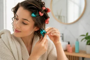 Jeune femme utilisant des bigoudis en mousse pour apprendre comment avoir les cheveux bouclés dans sa salle de bain.