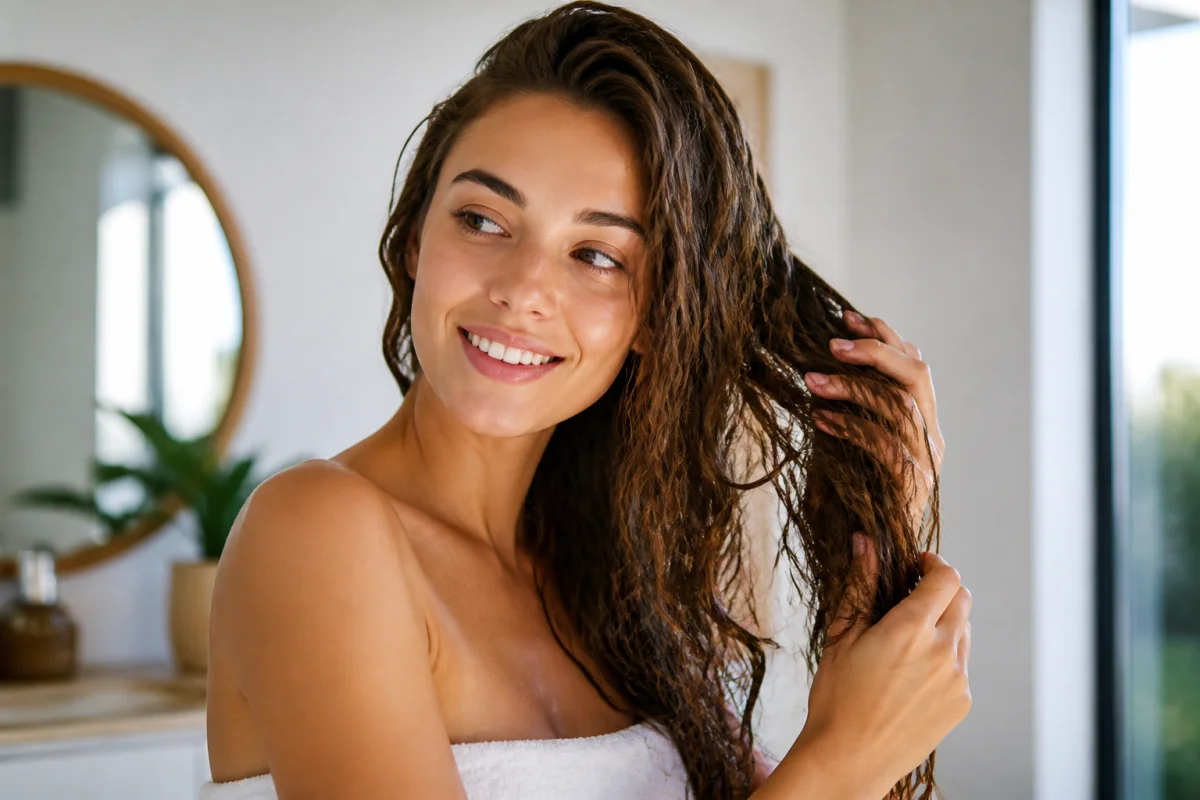 Jeune femme souriante travaillant ses cheveux ondulés et humides pour apprendre comment avoir les cheveux bouclés naturellement.
