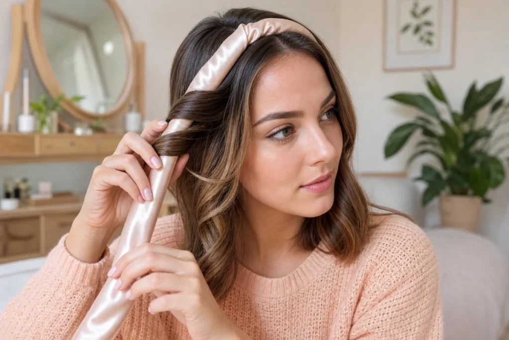 Jeune femme utilisant un bandeau en satin pour boucler ses cheveux mi-longs dans une chambre lumineuse.