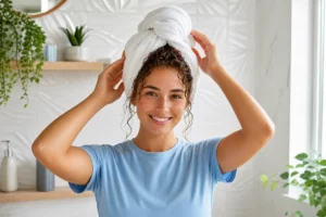 Jeune femme souriante expliquant comment coiffer des cheveux bouclés avec une serviette en microfibre dans une salle de bain.