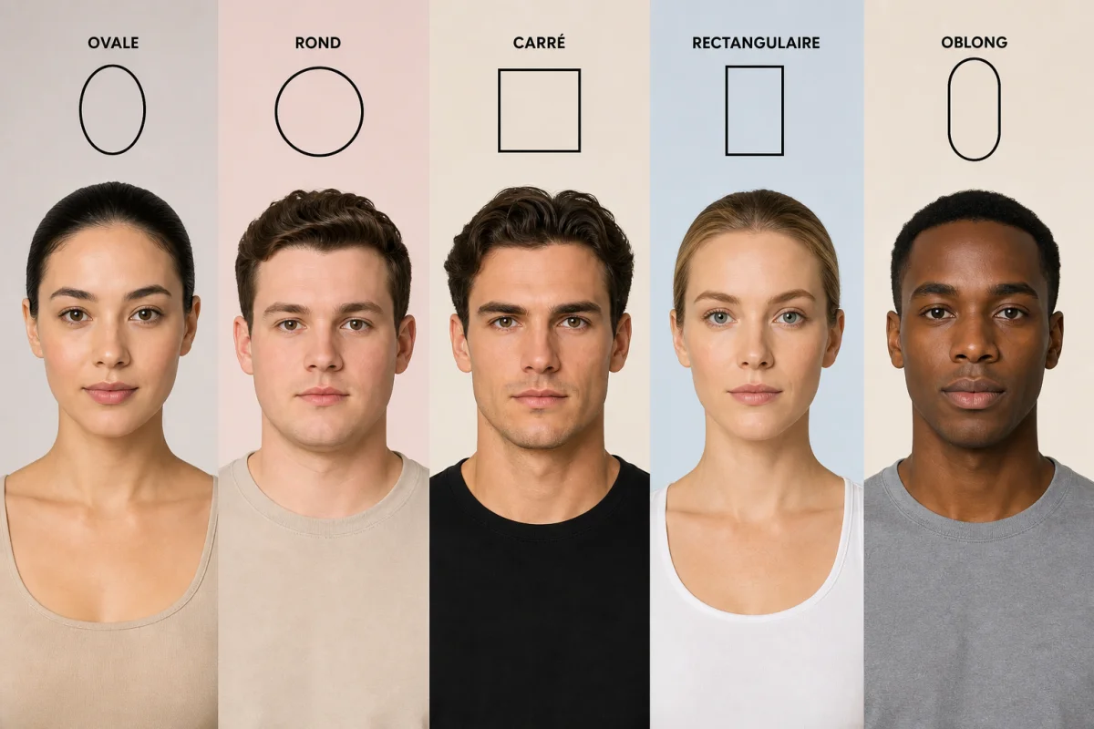 Cinq portraits illustrant les différentes formes de visage pour apprendre à identifier la structure de son propre visage.