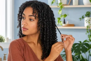Jeune femme réalisant la technique du finger coiling pour définir ses boucles serrées dans une salle de bain lumineuse.