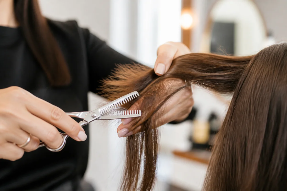 Coiffeuse utilisant des ciseaux sculpteurs pour désépaissir des cheveux bruns épais dans un salon professionnel lumineux.