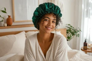 Jeune femme souriante portant un bonnet en satin pour protéger ses cheveux bouclés avant de dormir.