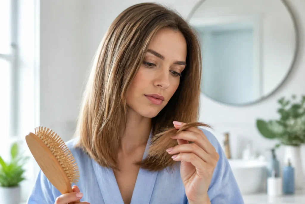 Femme aux cheveux châtains naturels examinant sa chevelure lumineuse pour apprendre comment éclaircir ses cheveux efficacement.