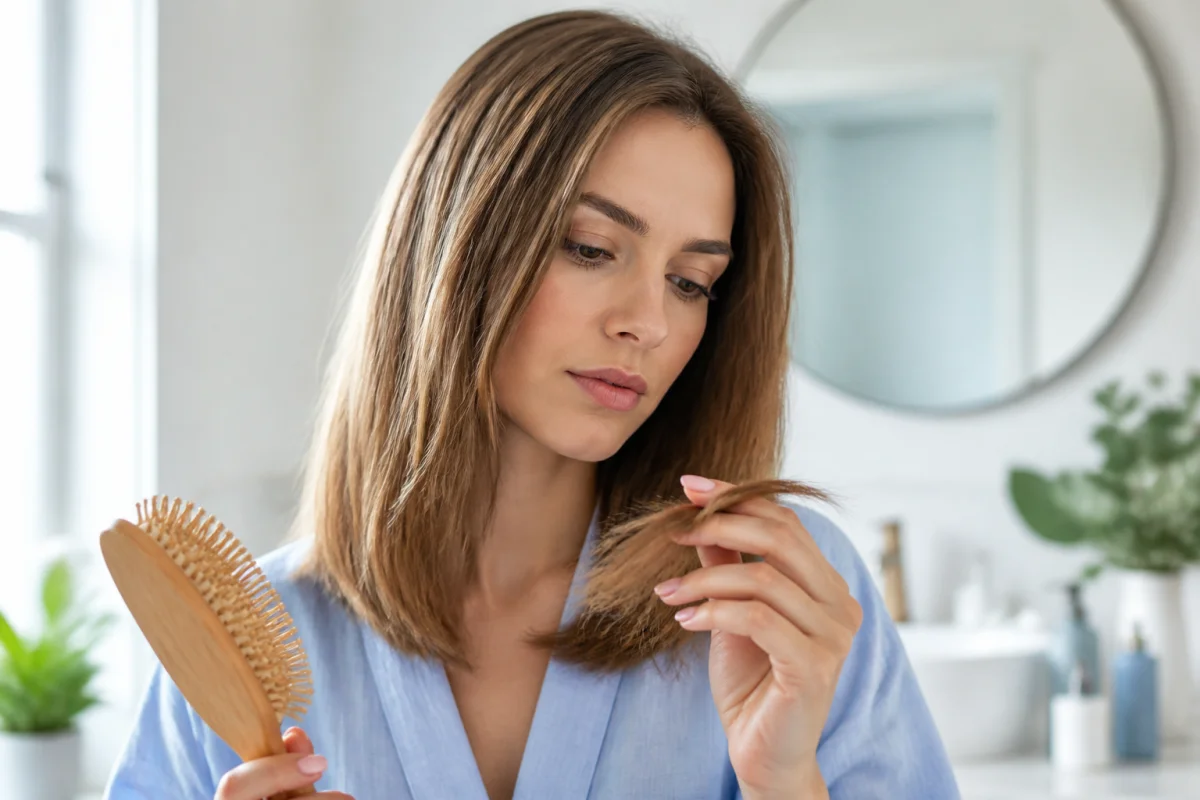 Femme aux cheveux châtains naturels examinant sa chevelure lumineuse pour apprendre comment éclaircir ses cheveux efficacement.