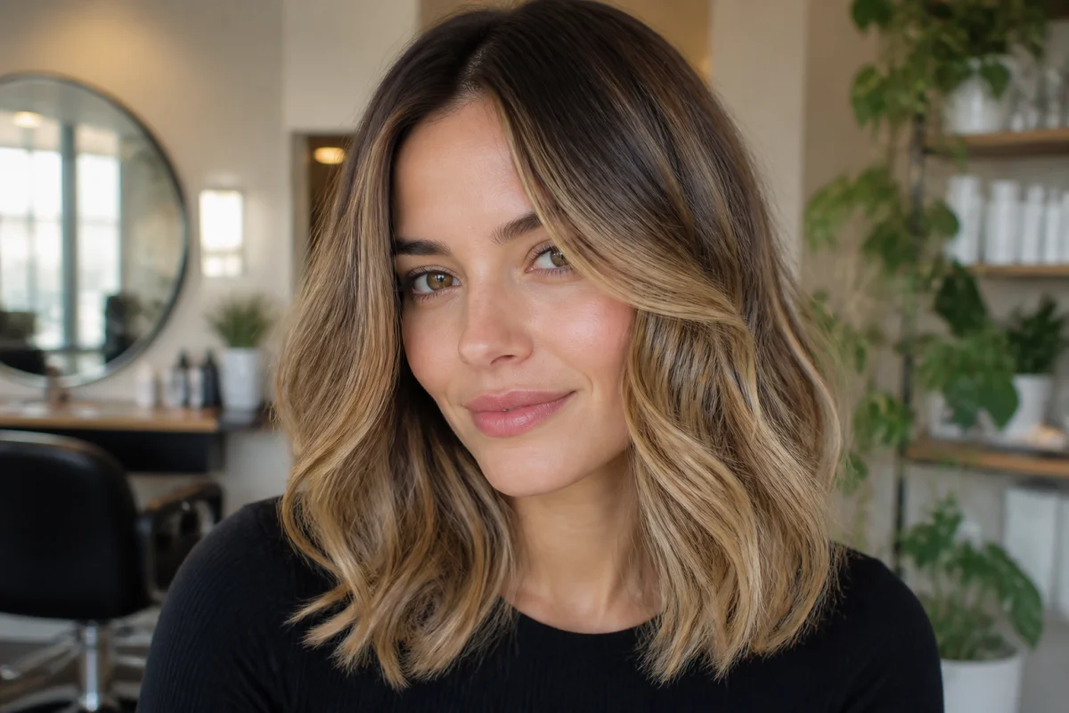 Femme avec des cheveux mi-longs aux reflets dorés naturels pour illustrer comment éclaircir ses cheveux avec élégance.