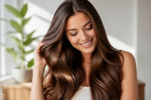 Jeune femme souriante aux cheveux longs, sains et volumineux pour illustrer comment épaissir ses cheveux naturellement.