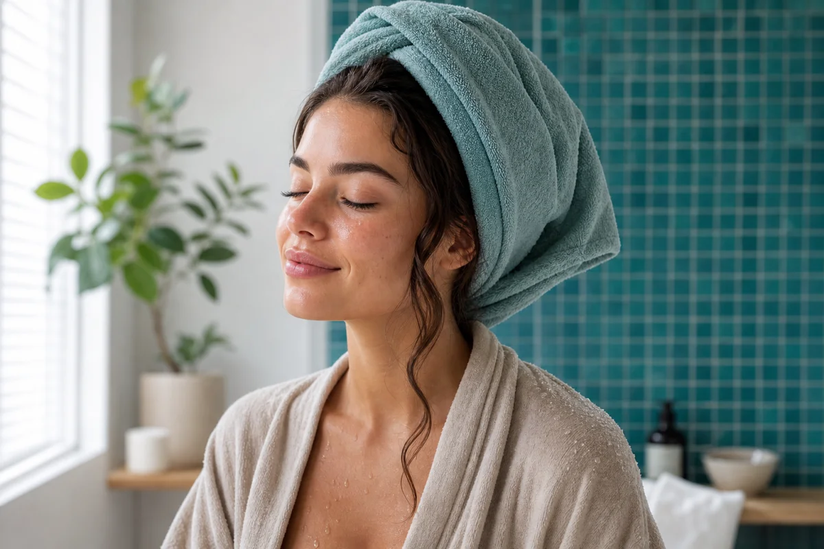 Jeune femme aux cheveux sains et brillants portant une serviette en microfibre pour savoir comment éviter les frisottis.