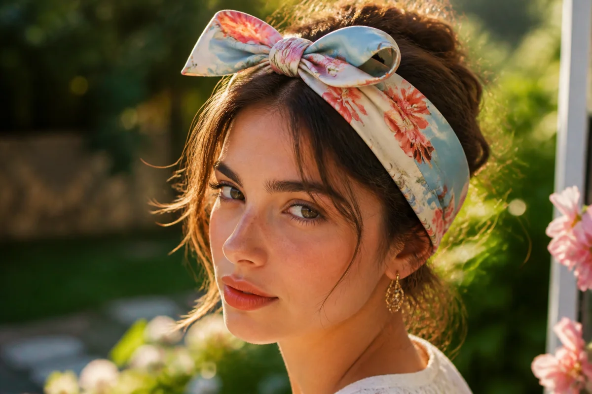 Jeune femme élégante portant un foulard en soie à motifs floraux noué en bandeau dans ses cheveux.