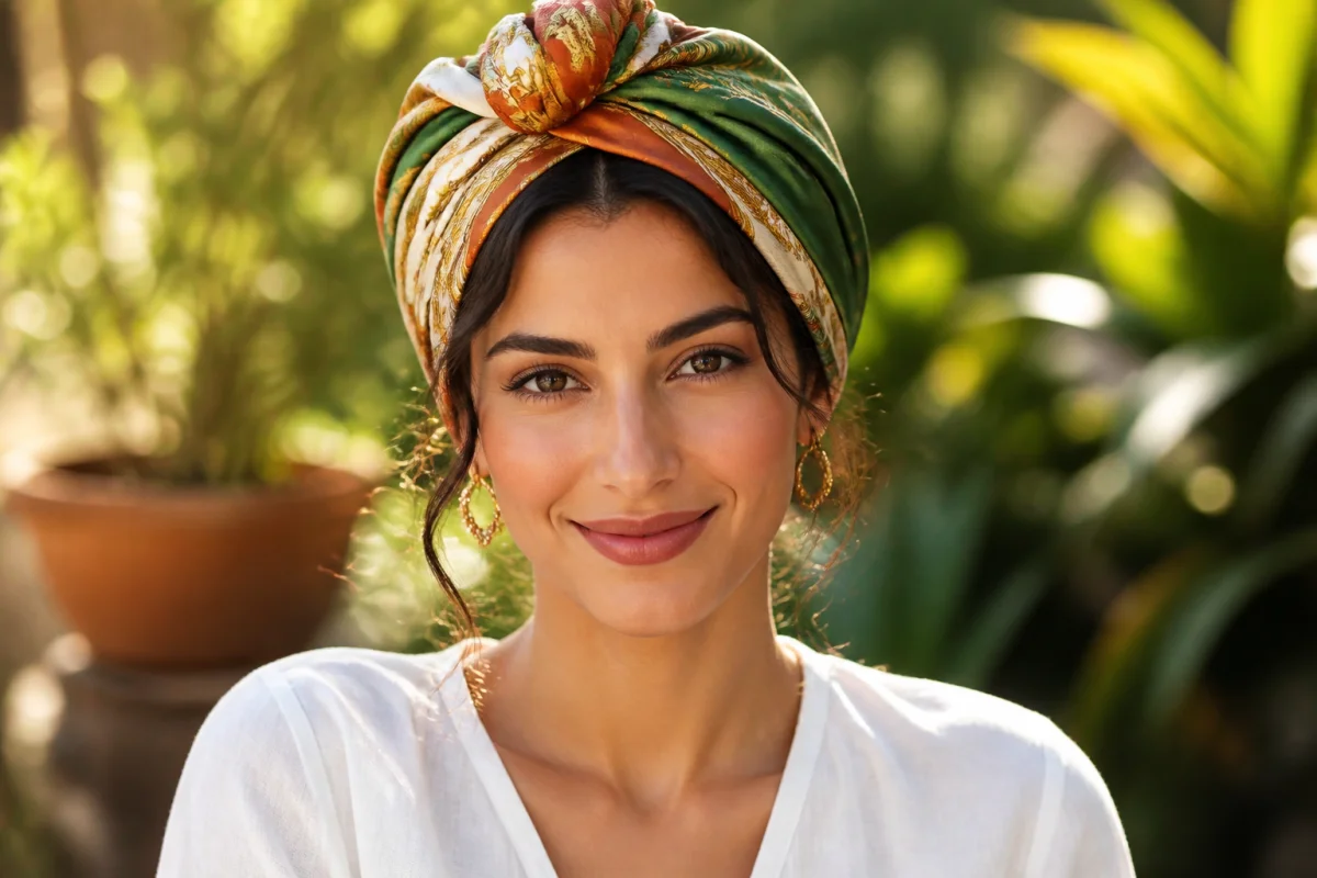 Femme élégante souriante portant un foulard en soie noué en turban chic, illustrant comment mettre un foulard dans les cheveux.