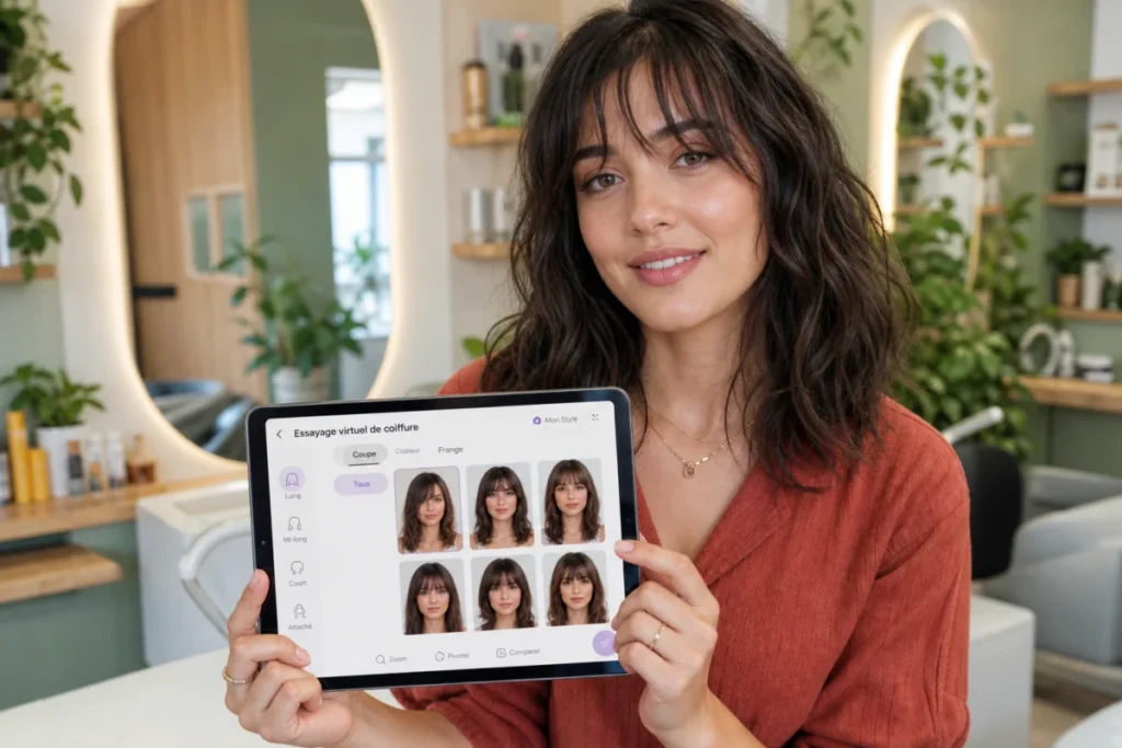 Jeune femme utilisant une tablette pour choisir sa nouvelle coiffure dans un salon moderne, illustrant comment trouver sa coiffure.