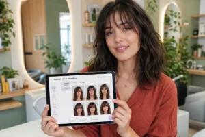 Jeune femme utilisant une tablette pour choisir sa nouvelle coiffure dans un salon moderne, illustrant comment trouver sa coiffure.