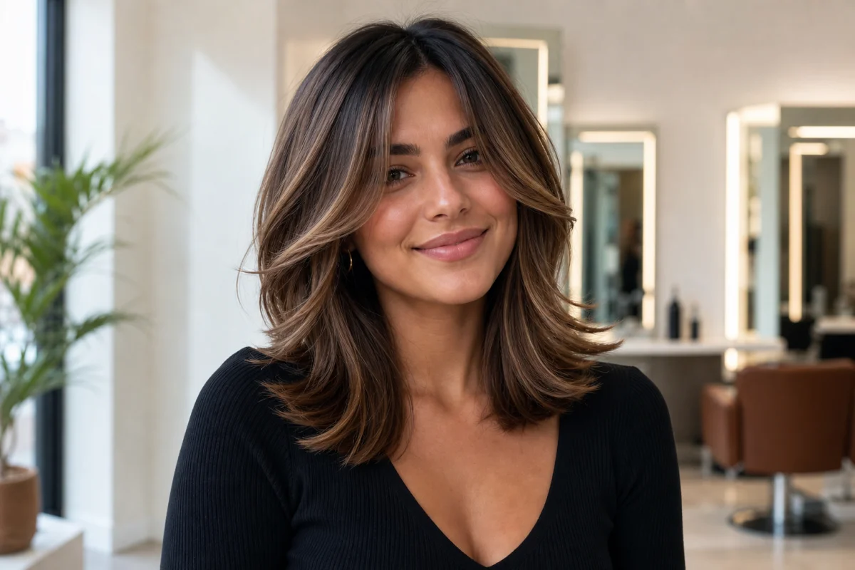 Jeune femme élégante avec une coupe moderne et structurée dans un salon de coiffure pour trouver sa coiffure.