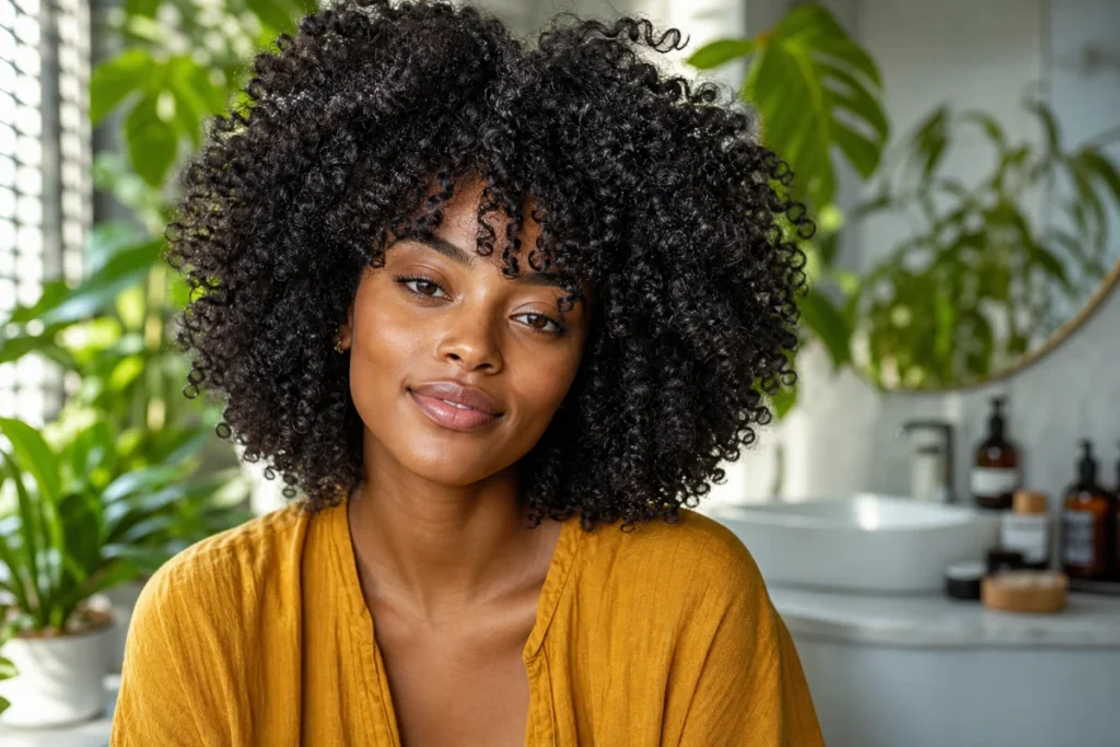 Femme aux cheveux crépus brillants et parfaitement hydratés dans une salle de bain lumineuse.
