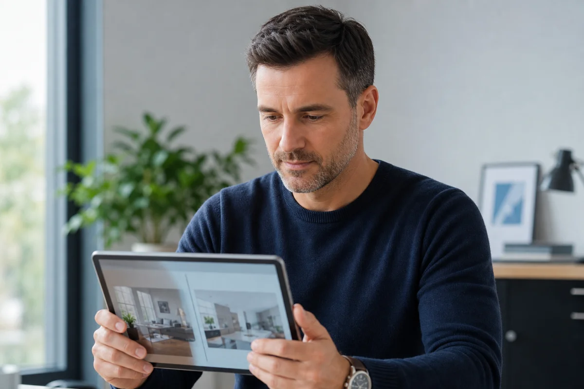 Homme utilisant un comparateur greffe de cheveux sur tablette dans un bureau moderne et lumineux.