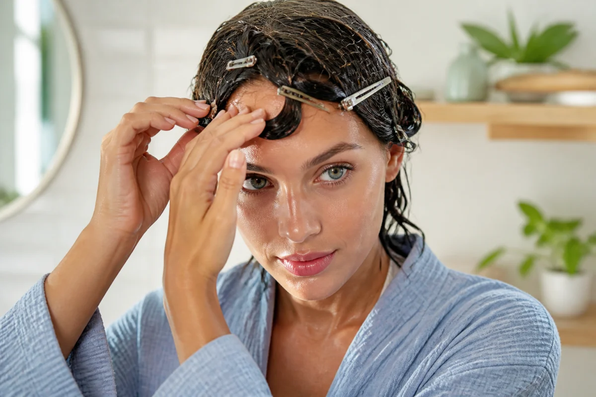Femme utilisant un filet et des pinces pour lisser ses cheveux naturellement dans une salle de bain lumineuse.