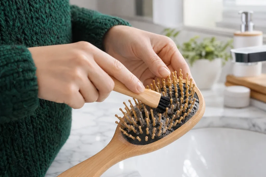 Gros plan sur des mains nettoyant délicatement une brosse à cheveux en bois pour expliquer comment nettoyer une brosse.