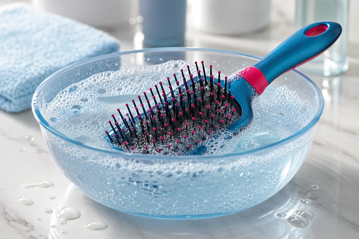 Brosse à cheveux moderne trempée dans une bassine d'eau savonneuse pour expliquer comment nettoyer une brosse à cheveux.