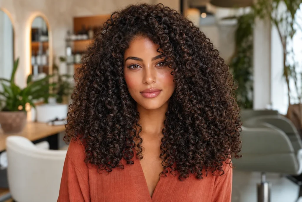 Jeune femme aux cheveux longs, denses et bouclés dans un salon pour illustrer comment réduire le volume des cheveux.
