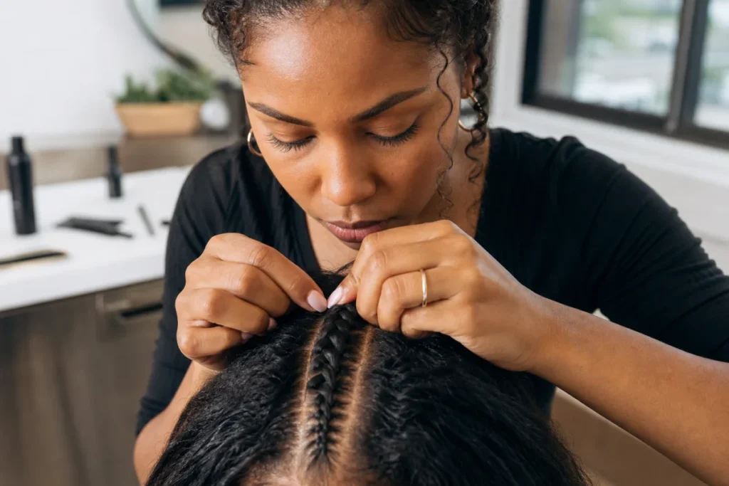 Gros plan sur des mains réalisant une tresse africaine collée pour illustrer comment faire une tresse africaine professionnelle.