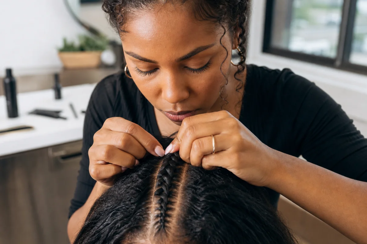 Gros plan sur des mains réalisant une tresse africaine collée pour illustrer comment faire une tresse africaine professionnelle.