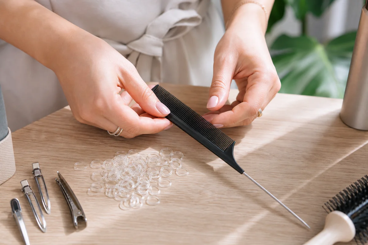 Mains expertes préparant un peigne et des élastiques pour apprendre comment faire une tresse africaine professionnelle.