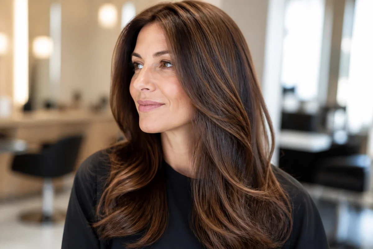 Femme brune aux cheveux brillants et soignés dans un salon moderne pour illustrer comment cacher ses cheveux blancs.