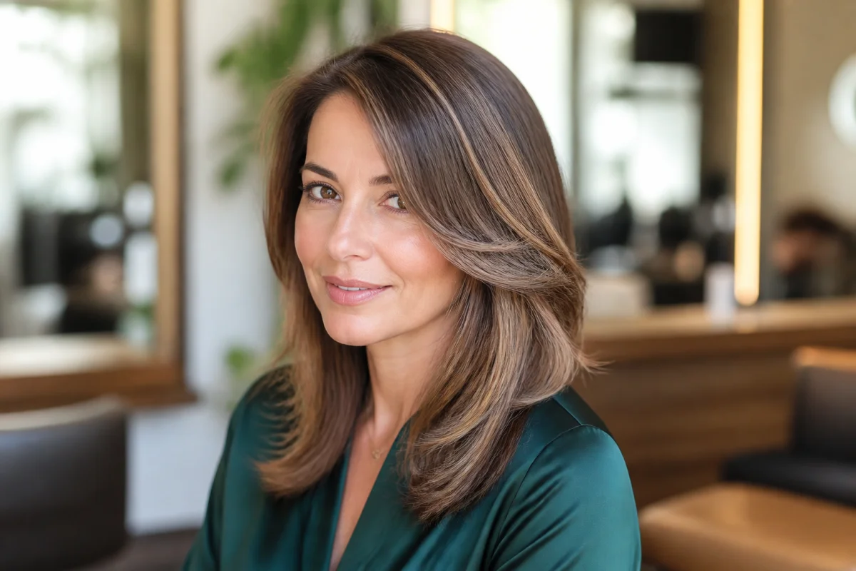 Femme brune aux reflets miel et caramel pour masquer ses cheveux blancs dans un salon de coiffure moderne.