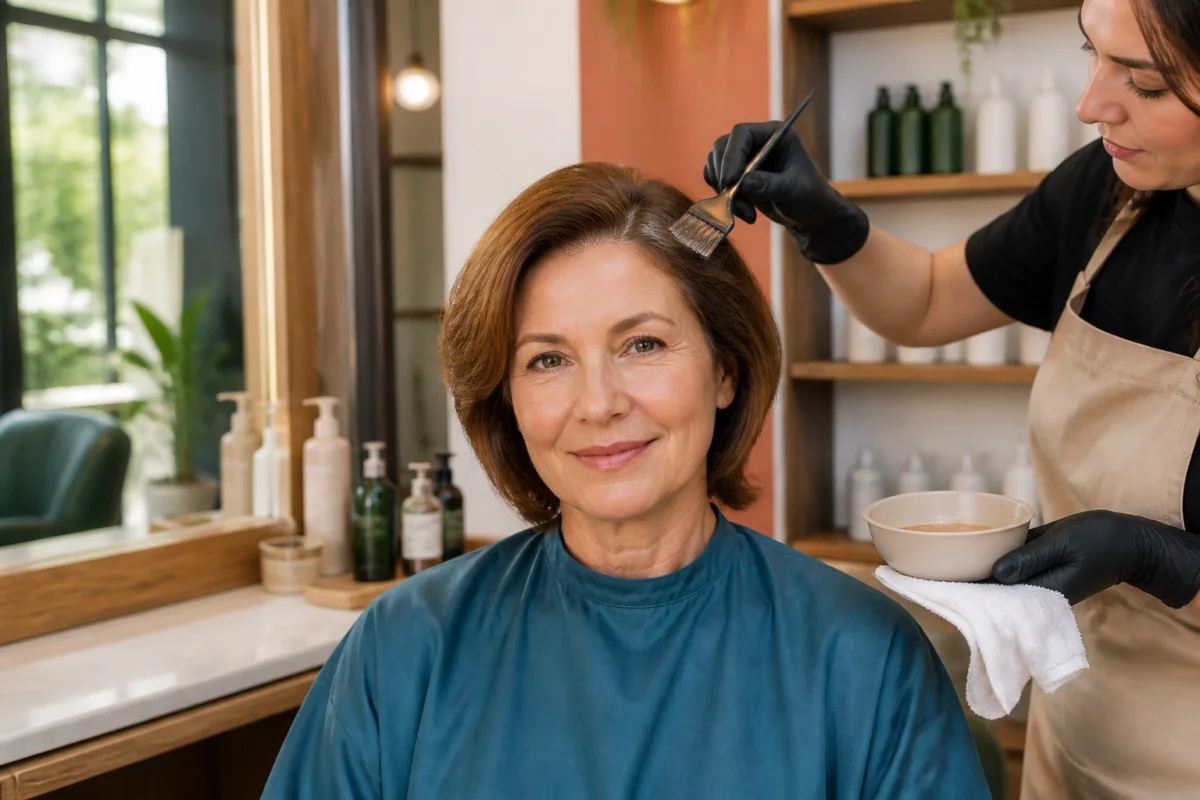 Femme de 55 ans au salon de coiffure, coloration brun noisette couvrant uniformément les cheveux blancs.