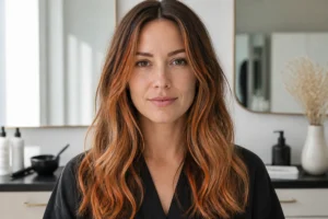 Femme aux mèches orange cuivrées irrégulières sur cheveux châtains, illustrant comment rattraper des cheveux orange