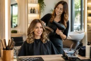 Coiffeuse réalisant un balayage, une coupe et un brushing sur une cliente au salon Sweet Coiffure d’Ancenis