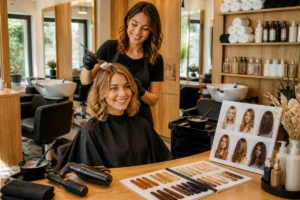 Coiffeuse réalisant un balayage lumineux dans un salon de coiffure Leclerc à Caen