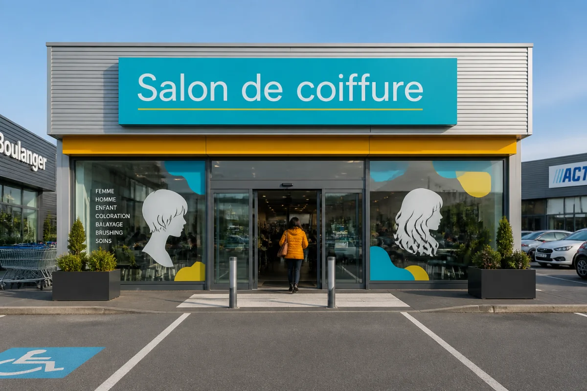 Façade vitrée du coiffeur Leclerc à Limoges, située dans une galerie commerciale moderne avec parking.