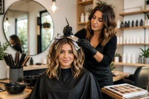Coiffeuse réalisant un balayage personnalisé dans un salon près du coiffeur Leclerc Niort