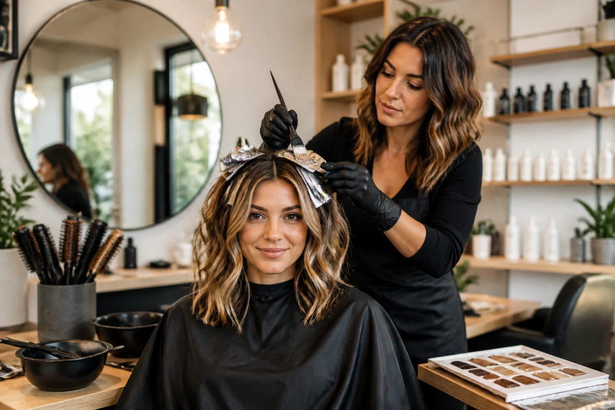 Coiffeuse réalisant un balayage personnalisé dans un salon près du coiffeur Leclerc Niort