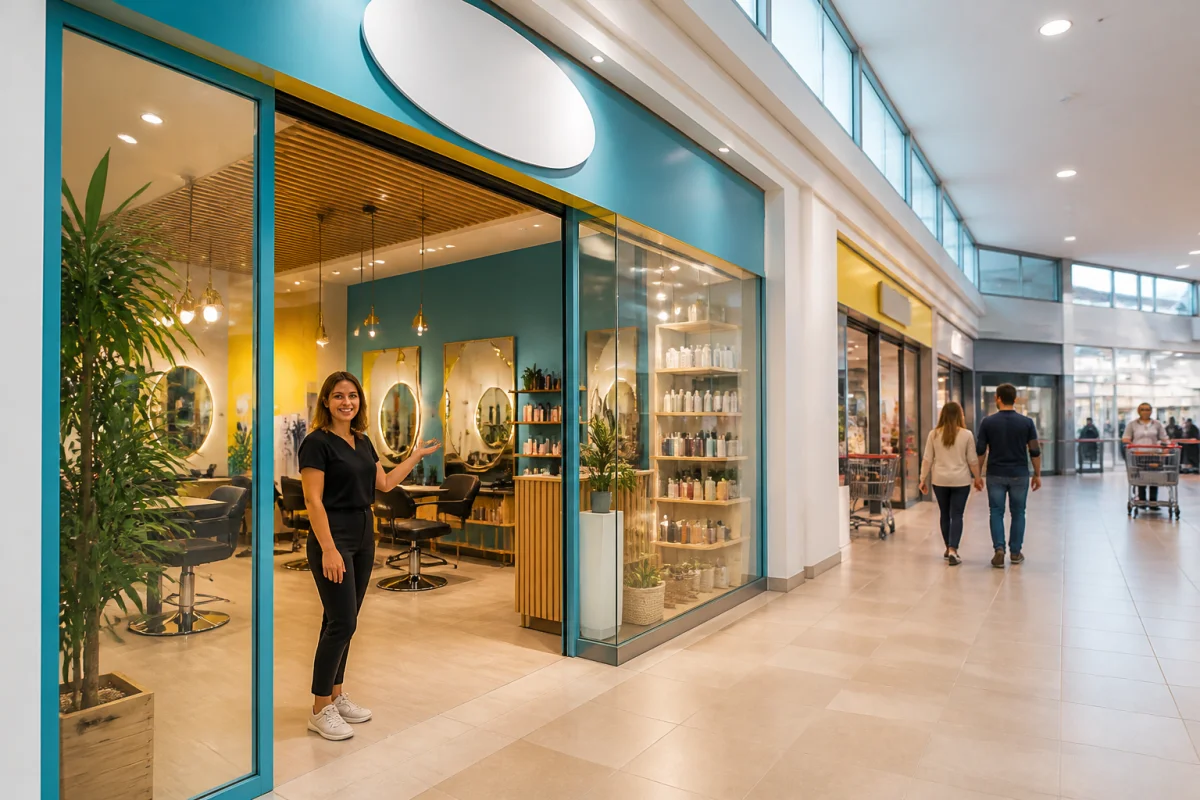 Entrée d’un salon de coiffure Leclerc Niort dans une galerie commerciale lumineuse, coiffeuse accueillant les visiteurs