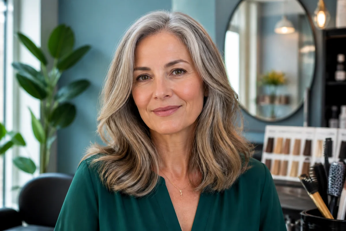 Femme aux cheveux gris sublimés par un grey blending argenté, châtain clair et blond cendré en salon moderne