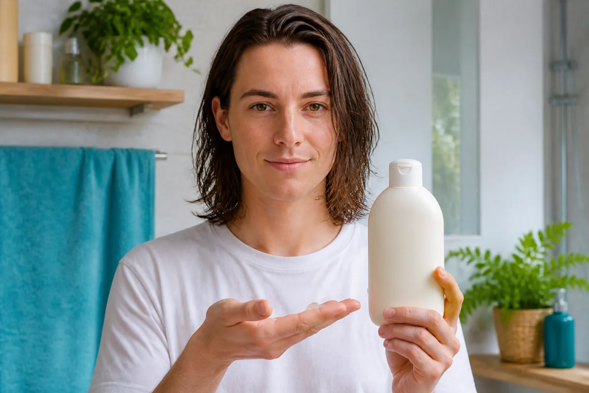 Personne présentant un shampoing doux pour apprendre comment ne plus avoir les cheveux gras au quotidien