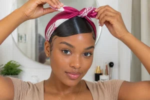 Personne ajustant un foulard en satin pour plaquer ses cheveux en douceur, sans effet carton ni résidus visibles