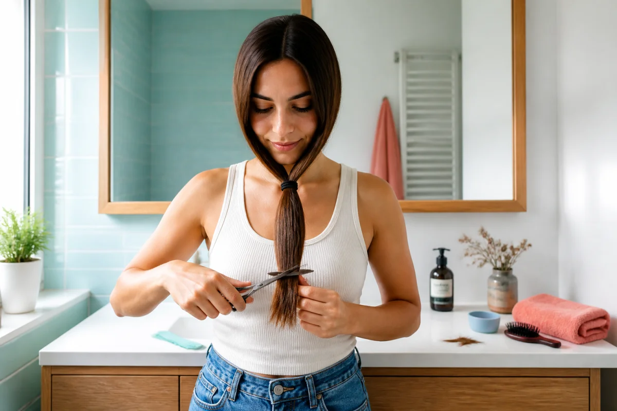 Comment couper les pointes de cheveux seule avec une queue-de-cheval et des ciseaux en salle de bain